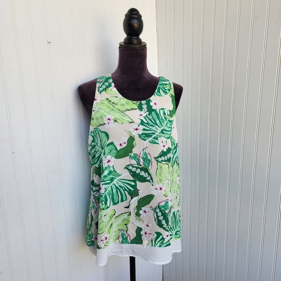Casey Keys Tank Top Beach Vacation Tropical Print Cruise Palm Leaf Beige Green L - Picture 1 of 10